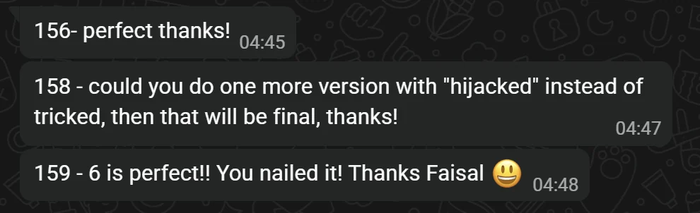 Client message about Faisal's thumbnails